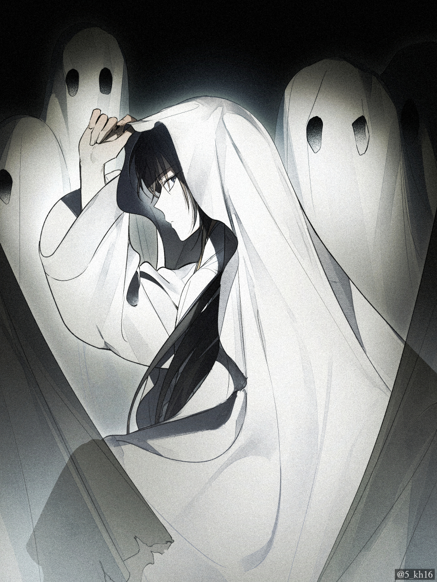 1boy absurdres bed_sheet black_hair chinese_clothes closed_mouth film_grain grey_eyes halloween hanfu highres holding holding_sheet jinhongi korean_commentary long_hair long_sleeves looking_back male_focus official_art oh_wolrang seol_young sheet_ghost solo torn_clothes twitter_username white_hanfu wide_sleeves