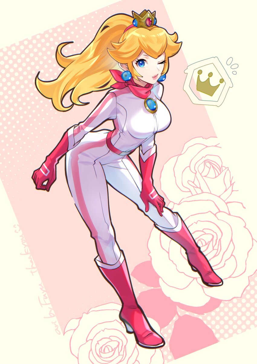 1girl bandana biker_clothes biker_peach bikesuit blonde_hair blue_eyes bodysuit boots breasts closed_mouth crown earrings gloves highres jewelry large_breasts long_hair looking_at_viewer mario_(series) mario_kart mario_kart_world nintendo official_alternate_costume one_eye_closed pink_bandana pink_bodysuit pink_gloves pink_lips pink_scarf ponytail princess_peach racing_suit rakugakifuyu scarf smile solo sphere_earrings