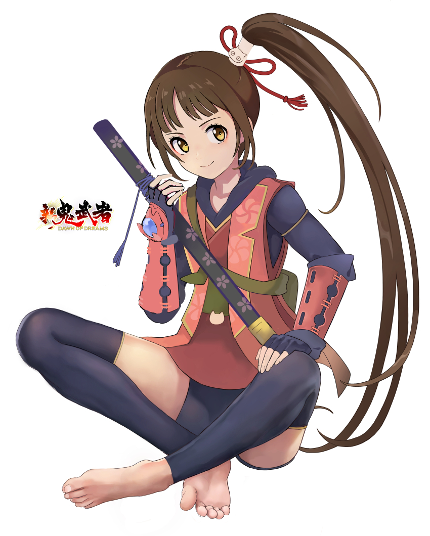 1girl absurdres barefoot bike_shorts_under_skirt black_thighhighs brown_eyes brown_hair closed_mouth feet fingerless_gloves full_body gloves highres japanese_clothes long_hair looking_at_viewer okken onimusha side_ponytail simple_background skirt smile solo thighhighs weapon white_background yagyuu_juubei_(dawn_of_dreams)