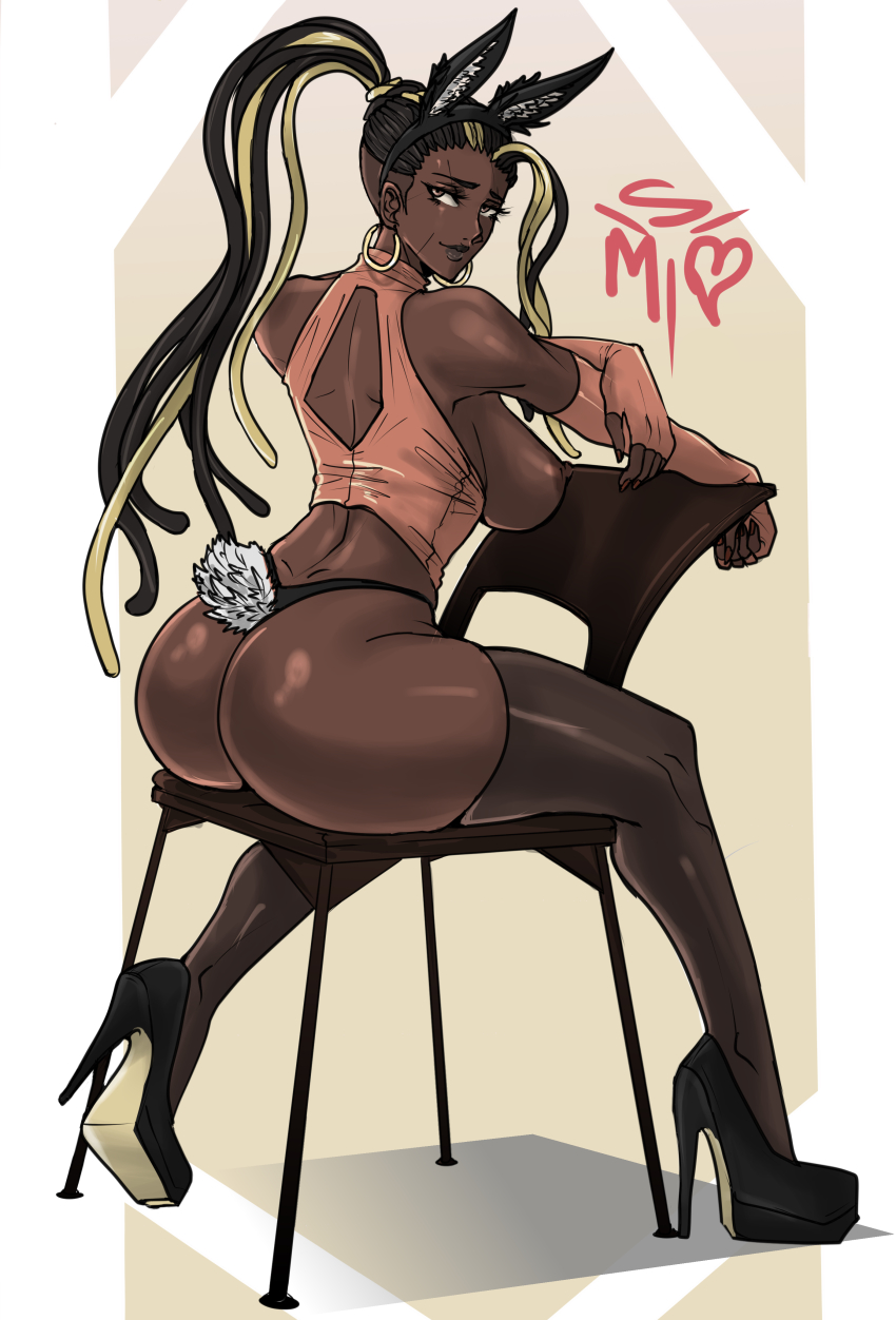 1girl absurdres animal_ears ass back_cutout bare_shoulders black_hair black_thighhighs blonde_hair breasts brown_eyes chair clothing_cutout commission crop_top dark-skinned_female dark_areolae dark_nipples dark_skin dimples_of_venus dreadlocks earrings elbow_gloves eyelashes fake_animal_ears fake_tail fingerless_gloves fingernails full_body gloves heart high_heels highres hoop_earrings jewelry large_breasts lips long_legs looking_back master_raven multicolored_hair nail_polish namco nipples pink_gloves pinup_(style) ponytail rabbit_ears rabbit_tail red_nails scar scar_on_face sekushi_magik signature sitting solo stiletto_heels streaked_hair tail tekken tekken_7 thighhighs thong two-tone_hair undercut very_dark_skin