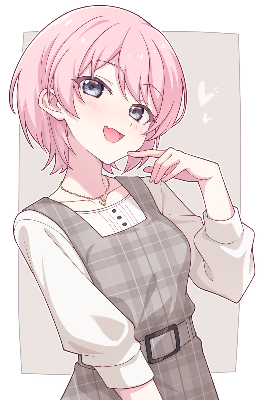 1girl alternate_hair_length alternate_hairstyle bang_dream! bang_dream!_it&#039;s_mygo!!!!! blush border chihaya_anon collarbone commentary dress e20 fang grey_background grey_eyes heart highres jewelry looking_at_viewer necklace open_mouth outside_border pinafore_dress pink_hair plaid_clothes plaid_dress shirt short_hair skin_fang sleeveless sleeveless_dress solo three-quarter_sleeves white_border white_shirt
