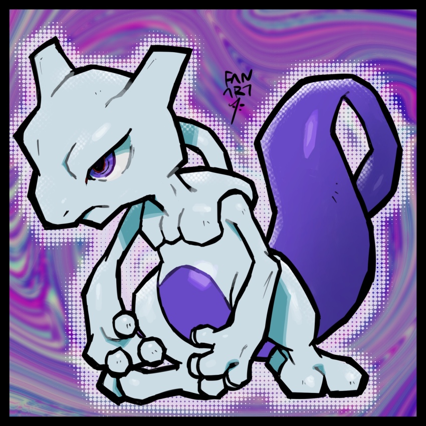 abstract_background af_(afloatisland) closed_mouth full_body gen_1_pokemon highres legendary_pokemon mewtwo nintendo no_humans nostrils pokemon pokemon_(creature) purple_background purple_eyes signature solo