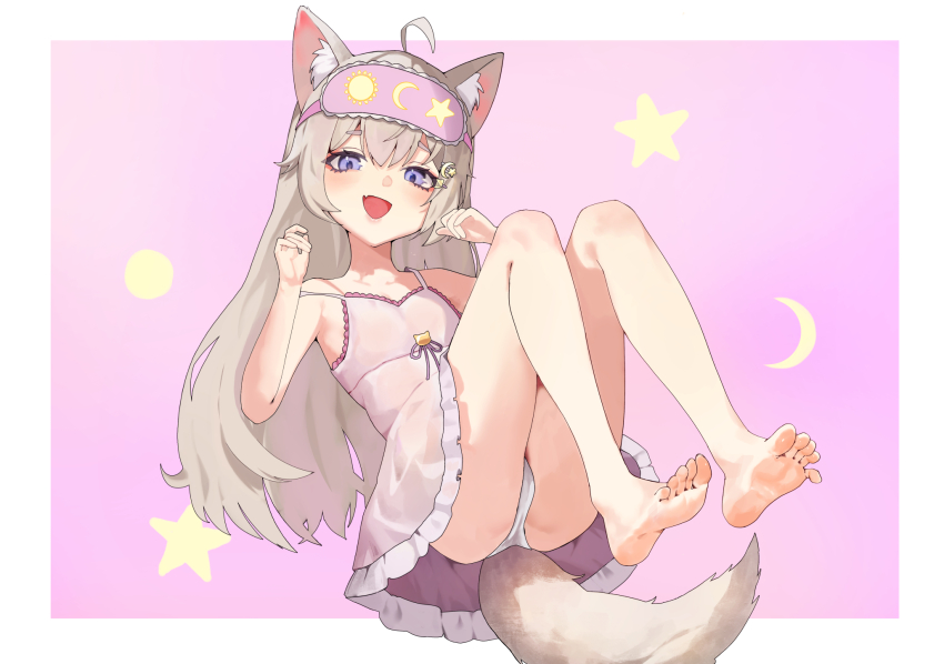 1girl animal_ears ass barefoot blue_eyes feet highres kagemoe1003 long_hair looking_at_viewer open_mouth panties pantyshot soles tail toes underwear