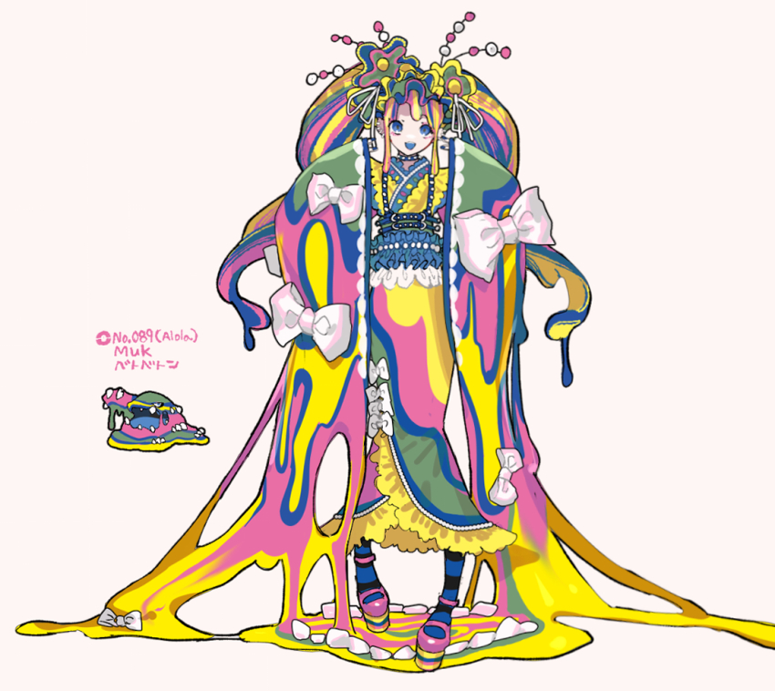 1girl :d alolan_form alolan_muk beads black_socks blue_socks bow character_name colored_mouth double_v dress dripping facing_viewer faux_figurine full_body furisode gen_7_pokemon hair_ornament hands_up harurie humanization inset inward_v japanese_clothes kimono large_bow long_dress long_hair long_sleeves mary_janes melting multicolored_hair nintendo open_mouth personification pink_shoes platform_shoes pokemon sash shoes simple_background sleeve_bow sleeves_past_wrists smile socks solo standing streaked_hair striped_clothes striped_socks surreal twintails two-tone_socks v white_background white_bow
