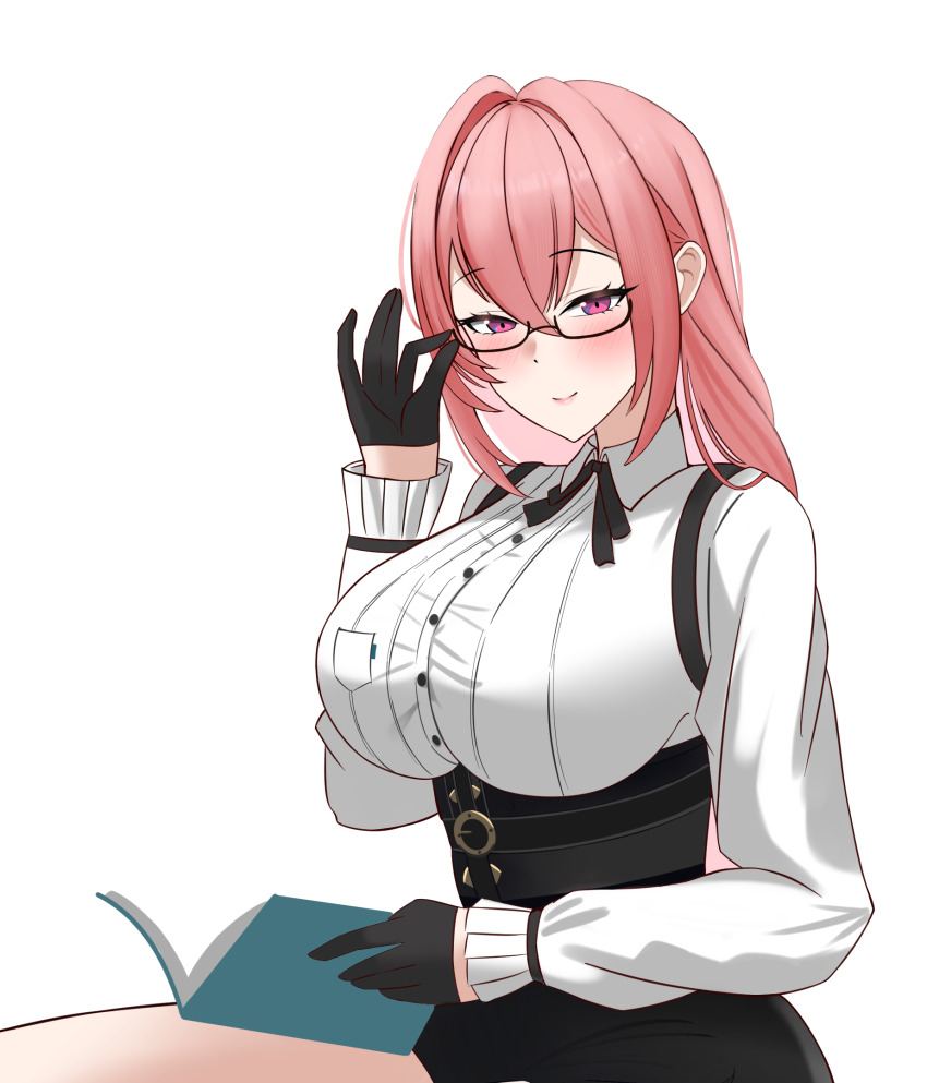 1girl adjusting_eyewear black_gloves black_skirt blush book breasts glasses gloves hair_between_eyes highres holding holding_book large_breasts long_hair long_sleeves looking_at_viewer onion_fried20 pink_eyes pink_hair puffy_long_sleeves puffy_sleeves shirt sitting skirt smile solo thighs tsukishiro_yanagi white_shirt zenless_zone_zero