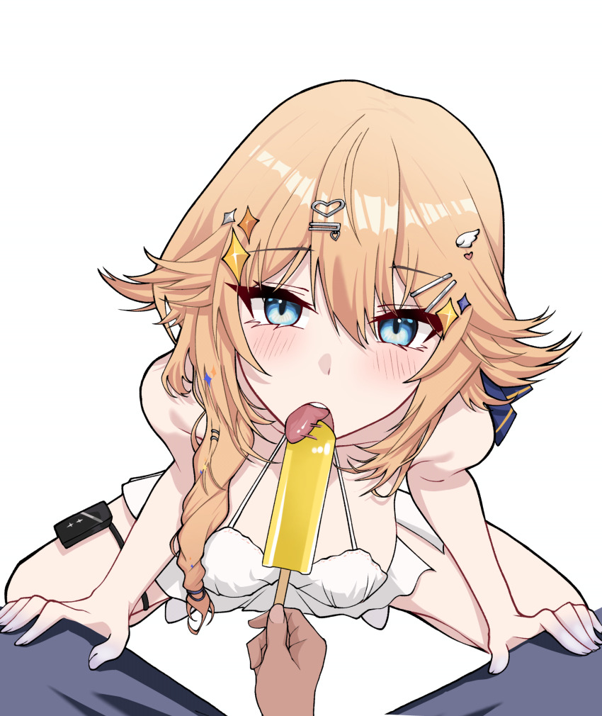 1boy 1girl absurdres black_choker blonde_hair blue_eyes blush braid breasts breasts_apart choker commentary diamond_hair_ornament double-parted_bangs dress english_commentary fellatio food hair_between_eyes hair_ornament hair_over_shoulder hairclip hand_up hands_up heart heart_hair_ornament highres holding holding_food holding_popsicle hood_(james_x) kaneko_lumi large_breasts long_bangs long_hair looking_at_viewer multiple_views ok_sign oral out_of_frame parallel_hairclips phase_connect popsicle saliva saliva_trail second-party_source short_dress simple_background simulated_fellatio sleeveless sleeveless_dress squatting standing tongue tongue_out virtual_youtuber white_background white_dress