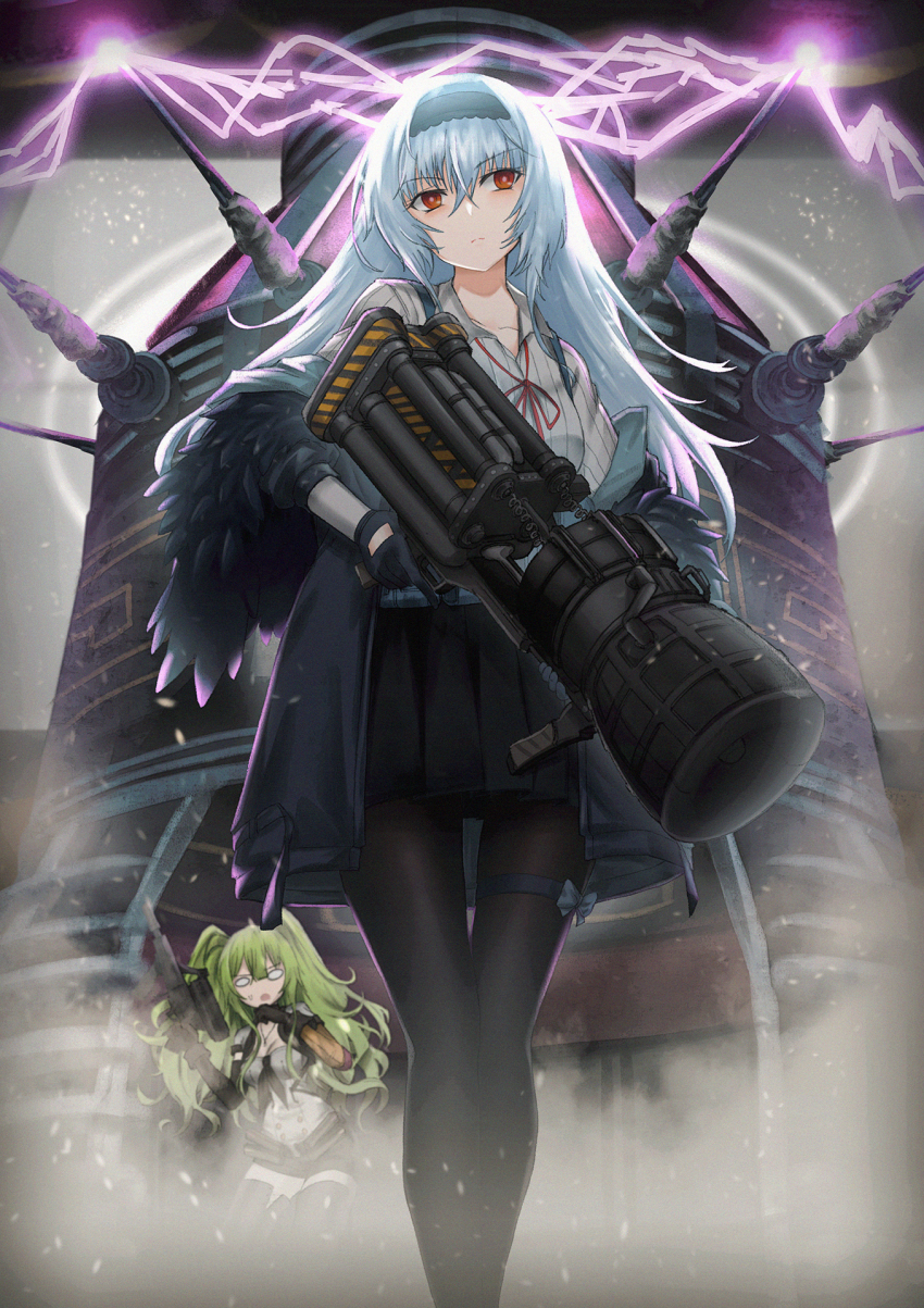 2girls black_gloves black_hairband black_legwear black_skirt calico_light_weapons_systems calico_m950 calico_m950a call_of_duty call_of_duty:_black_ops cheek_pistol commission double-stack_magazine feather-trimmed_jacket girls&#039;_frontline gloves green_hair gun hair_between_eyes hairband handgun helical_magazine high-capacity_magazine highres holding holding_gun holding_weapon long_hair long_sleeves m950a_(girls&#039;_frontline) machine_pistol messy_hair miniskirt multiple_girls name_connection object_namesake pantyhose persocon93 pistol pixiv_commission pleated_skirt red_eyes shirt silver_hair skirt stubby_grip thunder_(girls&#039;_frontline) two_side_up vertical_forward_grip very_long_hair weapon white_shirt