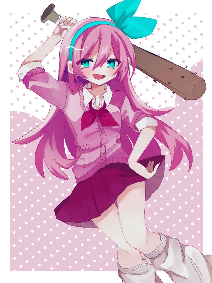 1girl aqua_eyes aqua_headband aqua_headwear arm_up aubrey_(faraway)_(omori) aubrey_(omori) baseball_bat cardigan collared_shirt hand_on_own_hip headband highres holding holding_baseball_bat leg_warmers long_hair looking_at_viewer nail nail_(hardware) nail_bat neckerchief omori open_mouth pink_background pink_cardigan pink_hair pink_skirt pleated_skirt polka_dot polka_dot_background red_neckerchief shirt short_sleeves simple_background skirt smile solo white_background white_leg_warmers white_shirt yuyuyu_m5