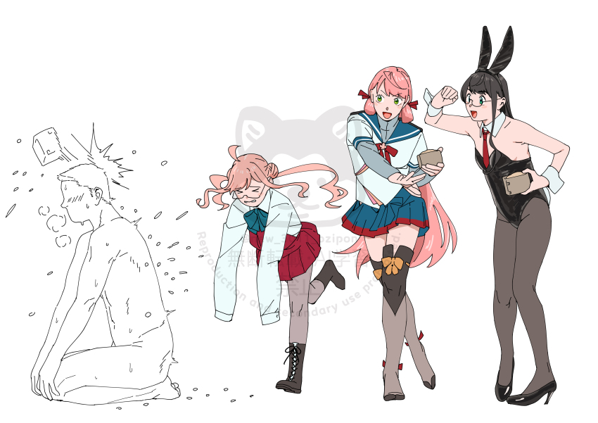 &gt;_&lt; 1boy 3girls absurdres akashi_(kancolle) alternate_costume animal_ears beans black_boots black_hair black_leotard black_pantyhose black_shoes blue_sailor_collar blue_skirt blush boots breasts closed_eyes clothed_female_nude_male fake_animal_ears fake_tail full_body glasses green_eyes grey_pantyhose high_heels highres holding kantai_collection leotard long_hair long_sleeves makigumo_(kancolle) masu multiple_girls necktie nude ojipon ooyodo_(kancolle) open_mouth pantyhose pink_hair playboy_bunny pleated_skirt rabbit_ears rabbit_tail red_necktie red_ribbon ribbon sailor_collar school_uniform setsubun shirt shoes simple_background skirt sleeves_past_fingers sleeves_past_wrists small_breasts strapless strapless_leotard sweat tail throwing white_background white_shirt wrist_cuffs