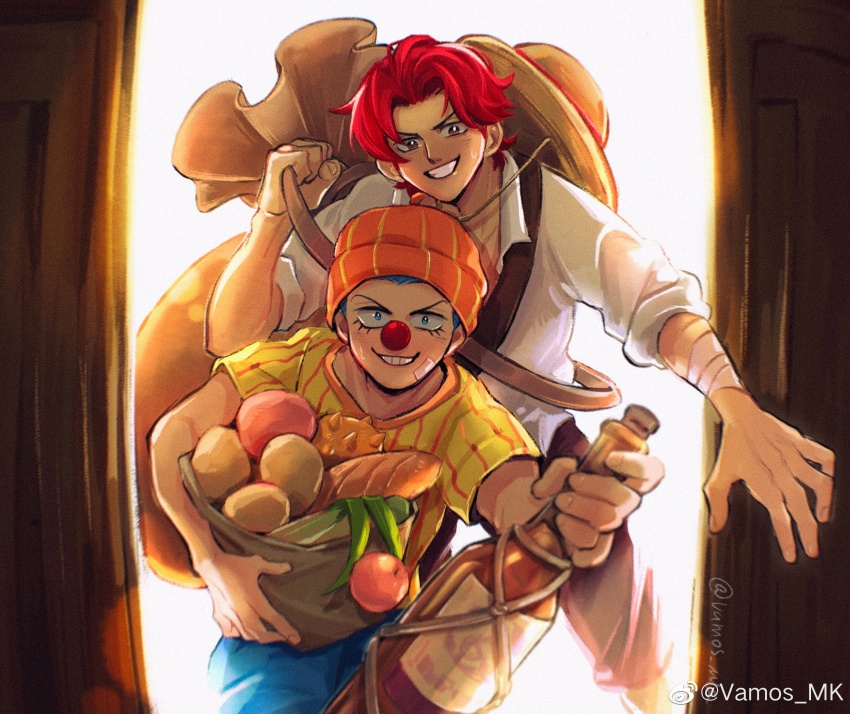 2boys absurdres backlighting bandage_on_face bandages blue_eyes blue_pants blush bottle bread buggy_the_clown clown_nose doorway eyelashes food grin hat_on_back highres looking_at_viewer male_focus multiple_boys one_piece pants red_hair shanks_(one_piece) shirt short_hair smile spring_onion vamos_mk white_shirt wine_bottle yellow_shirt