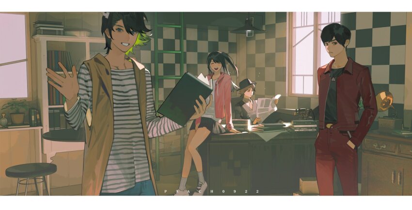 1girl 3boys artist_name black_hair black_vest blue_eyes book book_stack bookshelf box brown_hair cardboard_box checkered_wall closed_eyes desk fedora green_hair hands_in_pockets hat hidari_shoutarou highres holding holding_book holding_newspaper jacket jewelry kamen_rider kamen_rider_w ladder lamp leather leather_jacket looking_at_viewer multiple_boys narumi_akiko necklace necktie newspaper on_desk p3ach0520 philip_(kamen_rider) phonograph pink_sweater plant potted_plant shirt shoes side_ponytail sitting on_desk smile sneakers striped_clothes striped_shirt sweater terui_ryuu vest white_footwear window