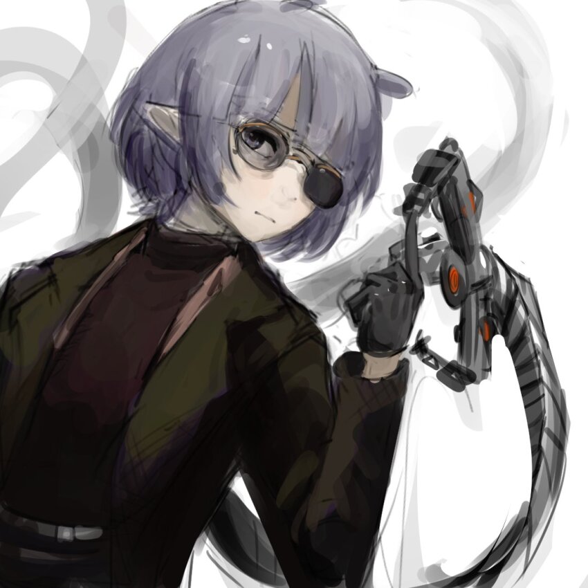 1girl black_coat black_gloves black_hair black_shirt closed_mouth coat cosplay doctor_octopus doctor_octopus_(cosplay) gloves hololive hololive_english marvel mechanical_tentacles ninomae_ina&#039;nis nynaceae pointy_ears shirt solo spider-man_(series) sunglasses tentacle_hair virtual_youtuber