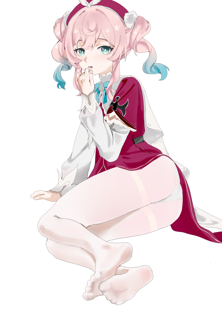 1girl blue_eyes feet gradient_hair highres honkai:_star_rail honkai_(series) hyacine_(honkai:_star_rail) long_hair looking_at_viewer multicolored_hair panties panties_under_pantyhose pantyhose parted_lips pink_hair soles somber_egg toes twintails two-tone_hair underwear white_pantyhose