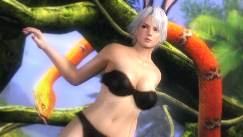 1girl 3d animal_ears bikini breasts christie_(doa) dead_or_alive dead_or_alive_5 female_focus fur highres large_breasts nature navel official_art official_wallpaper outdoors plant rabbit_ears sky snake solo swimsuit tecmo white_hair