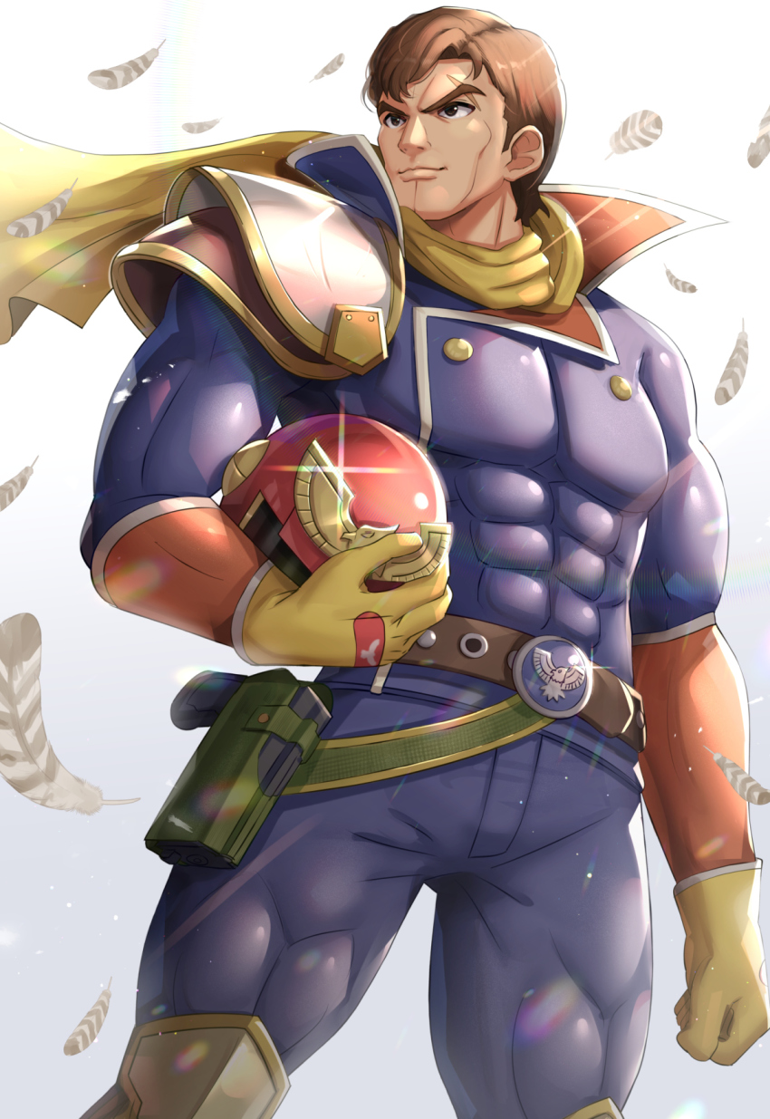 1boy belt belt_buckle blue_pants brown_belt brown_hair buckle buttons cape captain_falcon cowboy_shot double-breasted eyebrows f-zero feathers glint gloves gonzarez gun handgun unworn_headwear helmet unworn_helmet highres male_focus muscular muscular_male nintendo pants scar scar_on_face short_hair solo weapon yellow_cape yellow_gloves