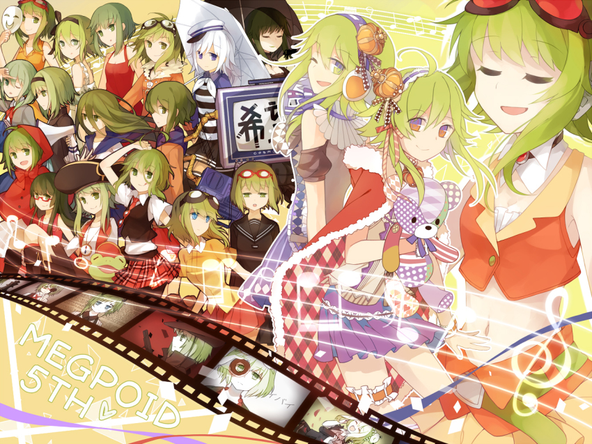 1girl 6+girls aitai_(vocaloid) alternate_eye_color alternate_hair_color alternate_hair_length alternate_hairstyle ama_no_jaku_(vocaloid) anniversary bag black_hat black_pantyhose black_serafuku blouse blue_eyes cable collared_shirt donut_hole_(vocaloid) frilled_thigh_strap frog frown goggles goggles_on_head graduation green_eyes green_hair gumi hair_between_eyes hat hiragi_rin holding holding_stuffed_toy holding_umbrella juu_mensou_(vocaloid) multiple_girls necktie pantyhose plaid_clothes plaid_skirt red_necktie school_uniform serafuku shirt short_hair shoulder_bag sitting skirt smile song_name songover stuffed_toy thigh_strap umbrella vocaloid white_hat white_shirt yowamushi_mont-blanc_(vocaloid)
