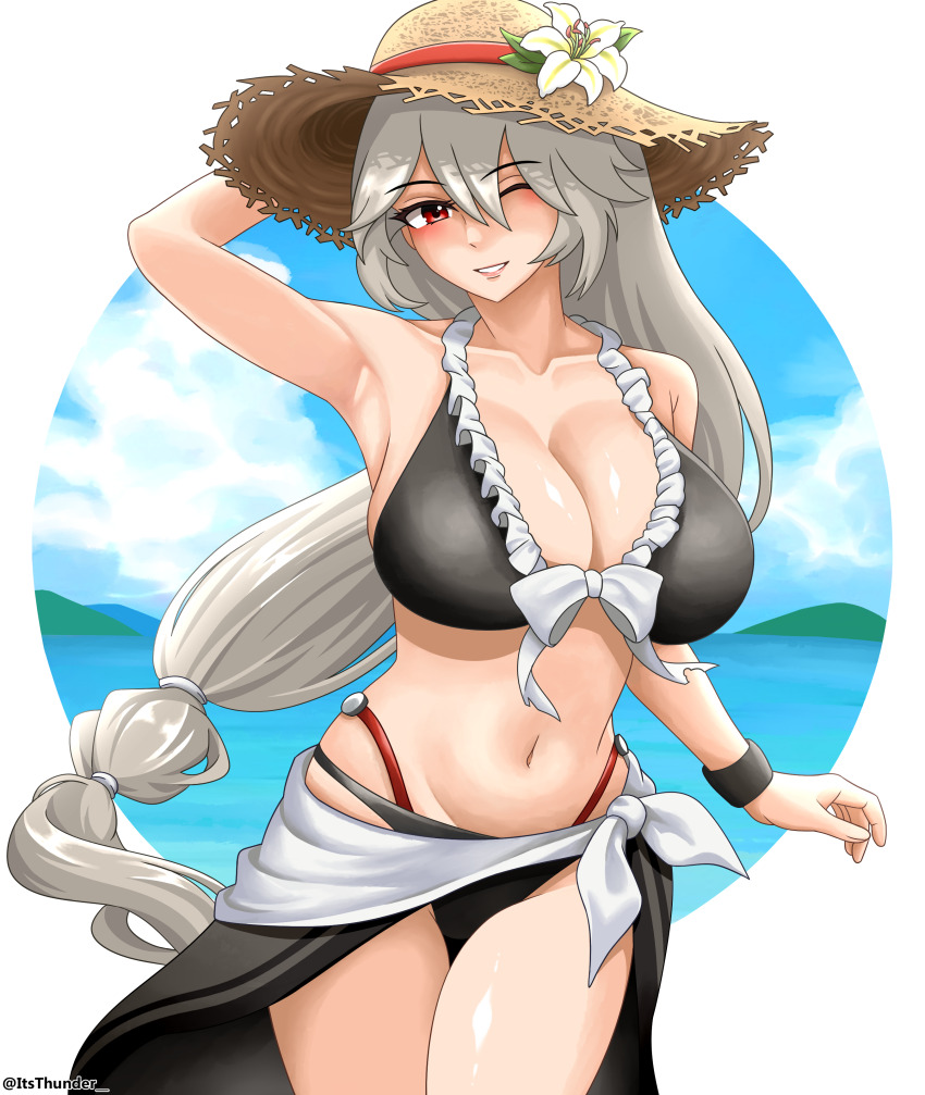 1girl absurdres alexandrina_sebastiane breasts grey_hair hair_between_eyes hand_up highres large_breasts long_hair looking_at_viewer red_eyes simple_background smile solo swimsuit thunder&#039;s_fist very_long_hair zenless_zone_zero