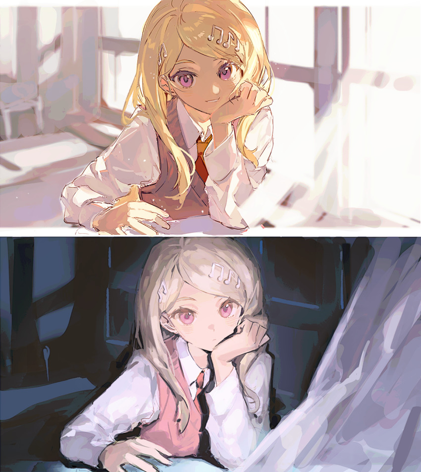 1girl akamatsu_kaede blonde_hair chair classroom closed_mouth collared_shirt curtains danganronpa_(series) danganronpa_v3:_killing_harmony day desk expressionless eyelashes fortissimo hair_ornament hand_on_own_cheek hand_on_own_face happy highres indoors kitakawayui light_particles long_hair long_sleeves looking_at_viewer musical_note musical_note_hair_ornament necktie night night_sky on_chair parted_lips pink_vest purple_eyes red_necktie school_desk shirt sidelocks sitting sky smile teeth upper_body v-neck variations vest white_shirt white_sky window