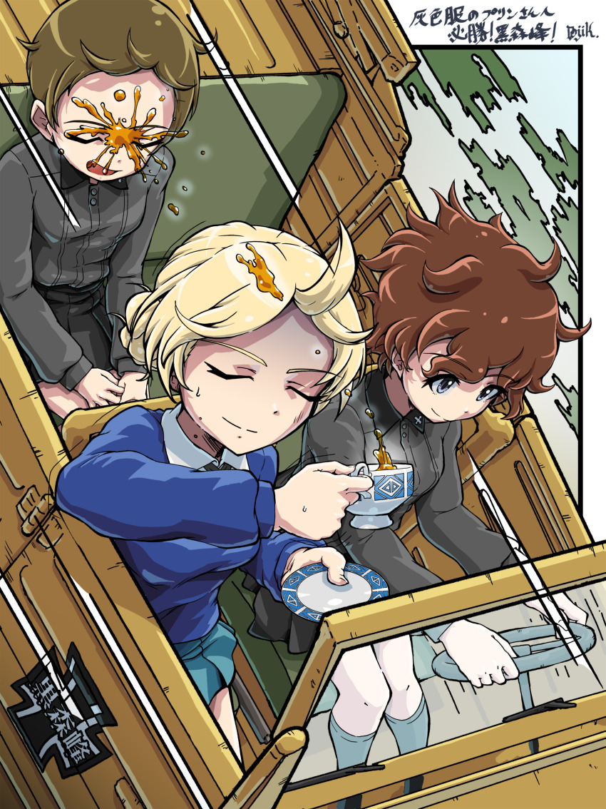 3girls absurdres akaboshi_koume black_collar black_necktie black_skirt blue_skirt blue_sweater braid brown_hair car car_interior car_seat collar collared_jacket convertible cup darjeeling_(girls_und_panzer) dress_shirt driving emblem floating_hair girls_und_panzer grey_eyes grey_jacket grey_socks highres holding holding_cup holding_saucer insignia jacket kojima_emi kubelwagen kuromorimine_(emblem) kuromorimine_school_uniform kuroneko_douji left-hand_drive light_brown_hair military military_vehicle motion_blur motion_lines motor_vehicle multiple_girls necktie no_legwear saucer school_uniform shirt skirt socks spill spilling splashing st._gloriana&#039;s_school_uniform steering_wheel sweatdrop sweater tea teacup v-neck wavy_hair white_shirt wind wing_collar