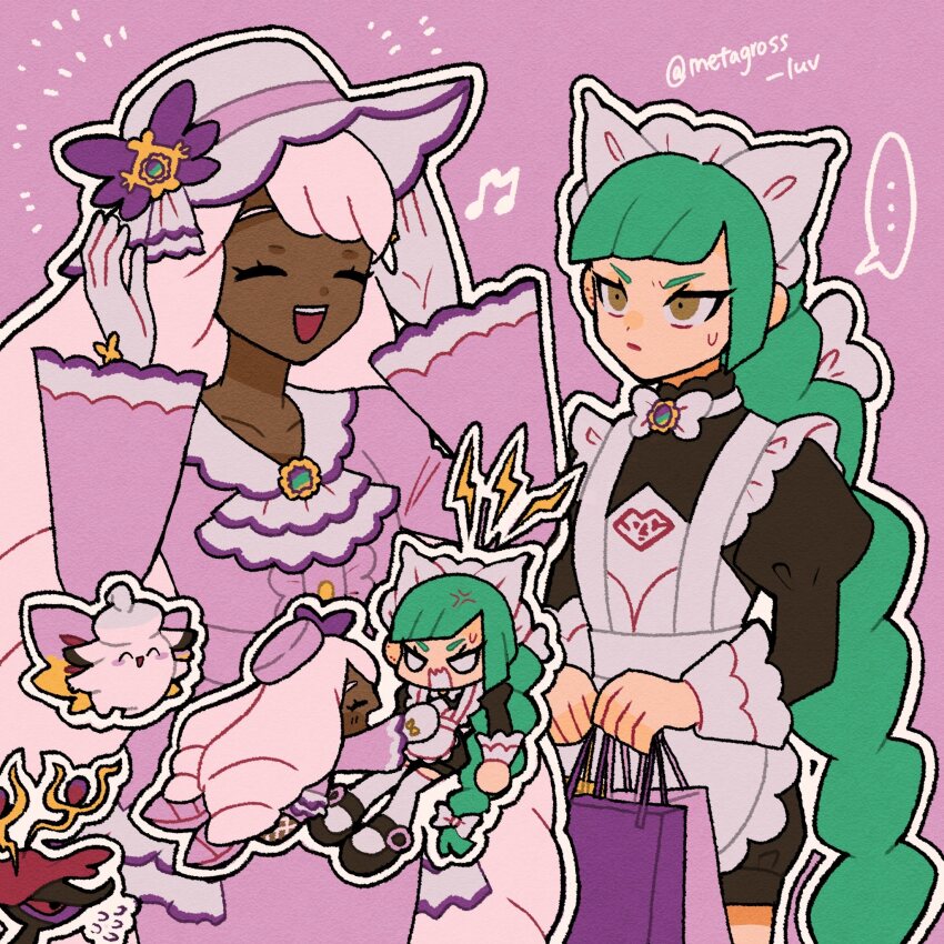 ... 2girls ^_^ anger_vein apron ascot bag black_romper blank_eyes bow bowtie braid braided_ponytail chibi chibi_inset clefable closed_eyes dark-skinned_female dark_skin dragalge frilled_ascot frills gen_1_pokemon gen_6_pokemon glove_bow gloves green_hair hands_up hat highres holding holding_bag jacinthe_(pokemon) juliet_sleeves lebanne_(pokemon) lightning_bolt_symbol long_braid long_hair long_sleeves maid_apron maid_headdress master_and_servant mega_clefable mega_dragalge mega_stone metagross_luv multiple_girls nintendo open_mouth outline pokemon pokemon_(creature) pokemon_legends:_z-a puffy_sleeves purple_eyes purple_hair pursed_lips reaching reaching_towards_another romper shopping_bag spoken_ellipsis sun_hat sweatdrop thighhighs twitter_username v-shaped_eyebrows v-shaped_eyes very_dark_skin very_long_hair white_bow white_bowtie white_outline white_thighhighs