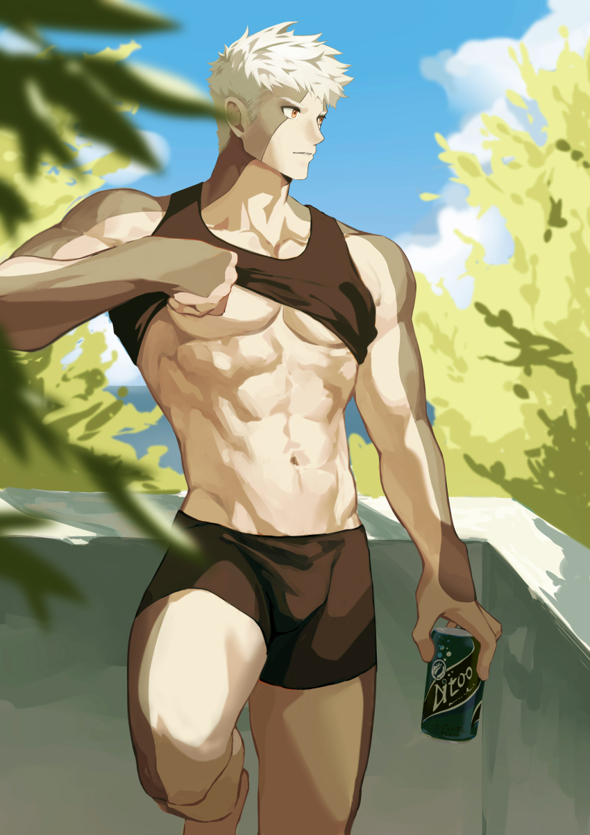 1boy abs absurdres against_wall alternate_costume bara black_shorts black_tank_top brown_eyes can clothes_lift colored_skin daziran_de_duqiyan grey_skin highres holding holding_can lanz_(xenoblade) male_focus muscular muscular_male pectorals shirt_lift shorts solo tank_top underpec white_hair xenoblade_chronicles_(series) xenoblade_chronicles_3