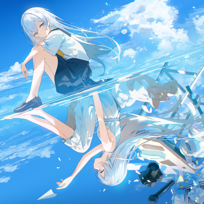 1girl :t album_cover arm_on_knee ashima_(roro046) black_sailor_collar black_shoes black_skirt blue_eyes blue_ribbon blue_sky breasts camera closed_mouth cloud commentary_request cover cumulonimbus_cloud different_reflection dress floating_hair frilled_dress frills from_side full_body hair_intakes hand_on_own_arm highres knees_up light_blush light_particles loafers long_hair looking_ahead looking_to_the_side medium_dress microphone miniskirt neckerchief original paper_airplane parted_bangs pleated_skirt profile reflection reflection_focus ribbon sailor_collar school_uniform serafuku shirt shirt_tucked_in shoes short_sleeves sidelocks sideways_glance sitting skirt sky sleeveless sleeveless_dress small_breasts smile solo table throwing very_long_hair white_dress white_hair white_shirt wind yellow_neckerchief