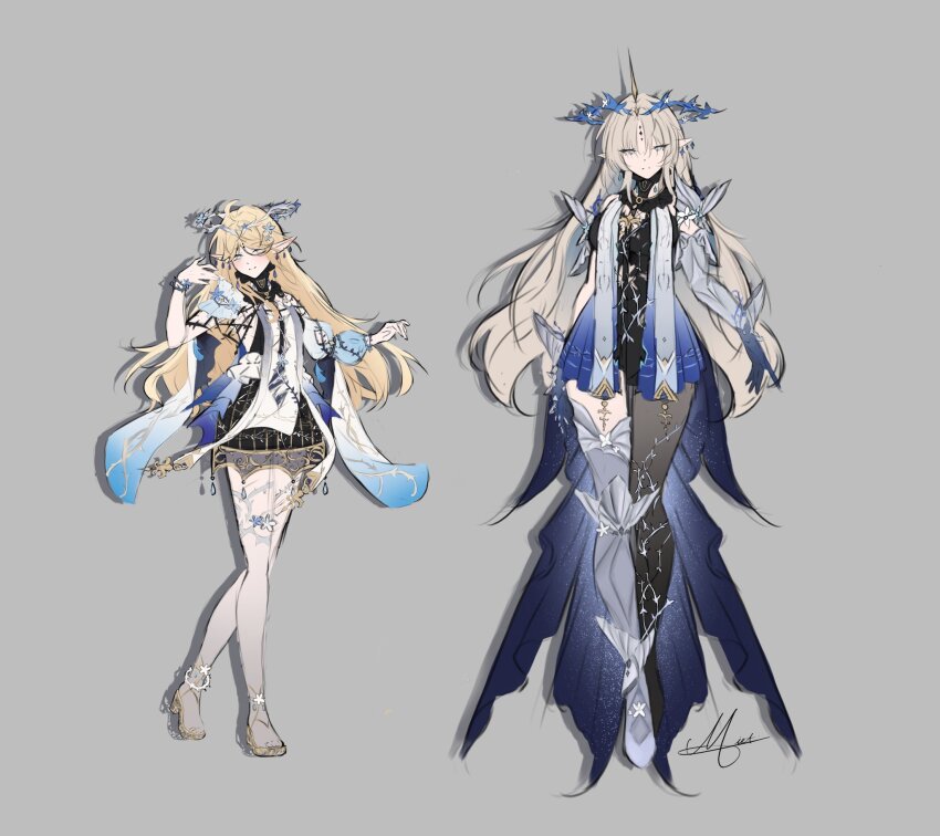 2girls asymmetrical_clothes blonde_hair blue_eyes blue_hands blush breast_curtains cartethyia_(wuthering_waves) closed_mouth crown_of_thorns dress earrings fingernails fleurdelys_(wuthering_waves) grey_background highres jewelry long_hair long_hand multiple_girls pale_skin pointy_ears redesign sidelocks single_leg_pantyhose single_thighhigh size_difference skirt tabard thigh_armor thighhighs thorns vmira_ne white_tabard white_thighhighs wuthering_waves