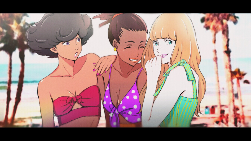 3girls :o ^_^ angela_carpenter aqua_eyes arashi_(boom_sate225) arm_at_side arms_at_sides bare_arms bare_shoulders beach bikini black_hair blonde_hair blunt_bangs blurry blurry_background breasts brown_hair carole_&amp;_tuesday carole_stanley cleavage clenched_teeth close-up closed_eyes collarbone commentary curly_hair dark-skinned_female dark_skin day depth_of_field earrings fingernails freckles front-tie_top furrowed_brow green_bikini hand_on_another&#039;s_shoulder hand_to_own_mouth hand_up high_ponytail jewelry laughing letterboxed lips long_hair looking_at_another looking_away looking_down looking_to_the_side multiple_girls nail_polish ocean open_mouth outdoors palm_tree pink_bikini pink_nails polka_dot polka_dot_bikini ponytail purple_bikini purple_eyes purple_nails sand shiny_skin short_hair side-by-side small_breasts standing strapless strapless_bikini striped_bikini striped_clothes swimsuit symbol-only_commentary teeth tree tuesday_simmons upper_body vertical-striped_bikini vertical-striped_clothes very_dark_skin very_short_hair water