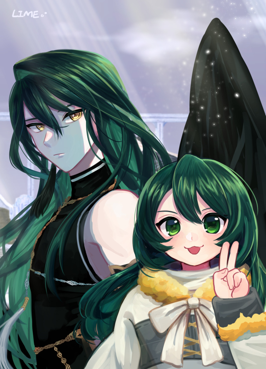 1girl coat green_eyes grey_hair highres hood lime_mitstyb long_hair long_sleeves looking_at_viewer mabinogi smile tanilliem_(mabinogi) v