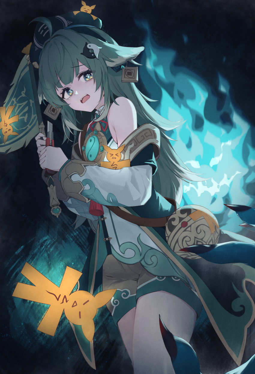 1girl ahoge animal_ears bare_shoulders boxcutter commentary cowboy_shot fiery_tail flag fox_ears fox_girl fox_tail green_hair hat highres holding holding_boxcutter holding_flag honkai:_star_rail honkai_(series) huohuo_(honkai:_star_rail) long_sleeves paper_doll paw-shaped_pupils ru_yan shorts symbol-only_commentary symbol-shaped_pupils tail tail_(honkai:_star_rail) tearing_up walking yin_yang_hair_ornament