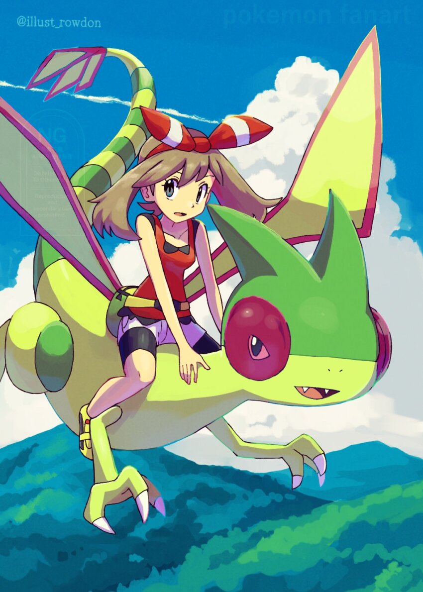 1girl bare_shoulders bow brown_hair claws fangs fanny_pack flygon flying gen_3_pokemon grey_eyes hair_bow highres may_(pokemon) nintendo open_mouth pokemon pokemon_(creature) pokemon_oras red_bow red_shirt riding riding_pokemon rowdon shirt shorts sleeveless sleeveless_shirt twitter_username