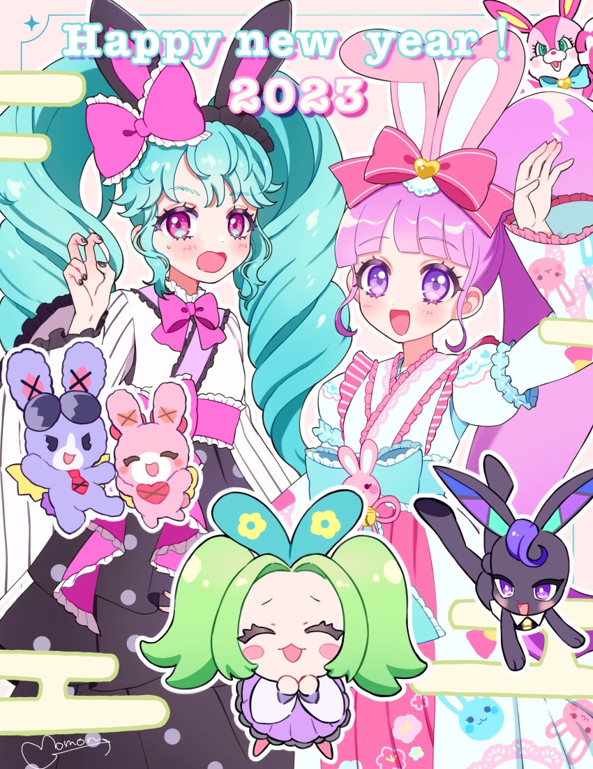 :d absurdres adapted_costume animal_ear_hairband animal_ears arm_up bent_v black_hairband blue_bow blue_hair blunt_bangs bow carron_(pretty_series) carron_(rabbit)_(pretty_series) chinese_zodiac closed_eyes commentary_request cowboy_shot drill_hair fake_animal_ears green_hair hair_bow hairband hand_up highres idol_land_pripara japanese_clothes katasumi_amari kimono kiratto_pri_chan long_hair long_sleeves looking_at_viewer manaka_non momokan_(mmkn100) new_year open_mouth outline pink_bow pink_eyes pretty_series pripara puffy_sleeves purple_eyes purple_hair rabbily_(kiratto_pri_chan) rabbit_ear_hairband rabbit_ears side_ponytail smile standing twin_drills twintails usacha usagi_(pripara) v very_long_hair waccha_primagi! white_kimono white_outline wide_sleeves year_of_the_rabbit