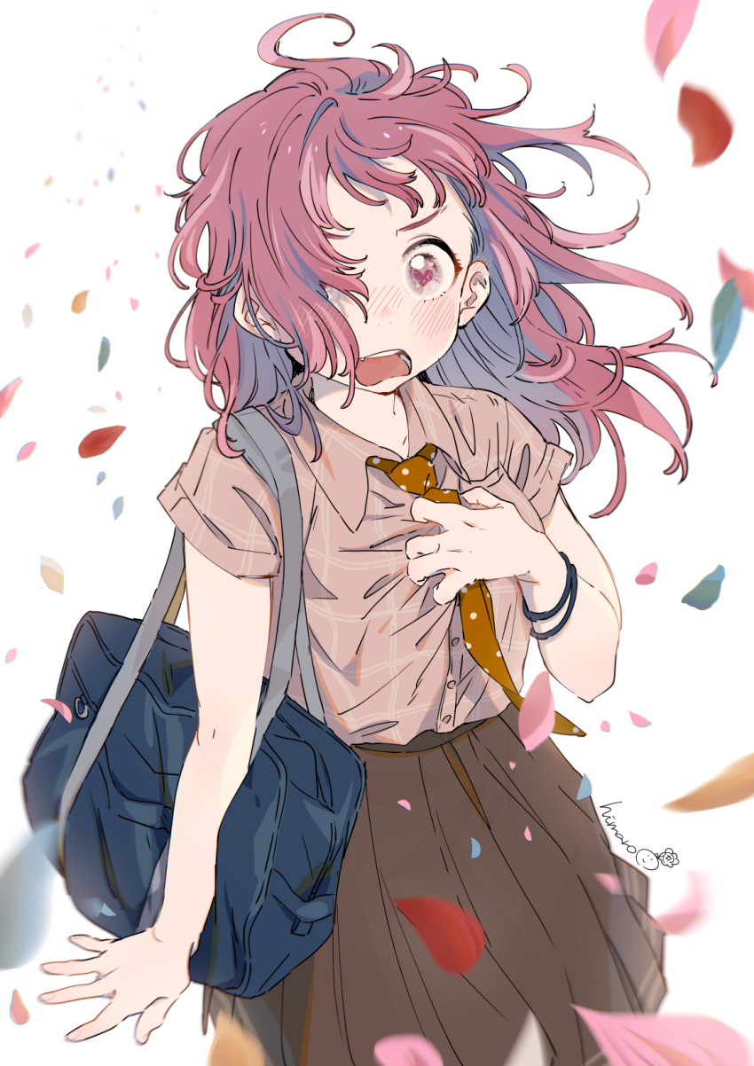 1girl bag blush bracelet brown_eyes brown_hair brown_pants brown_skirt checkered_clothes checkered_shirt clutching_chest collared_shirt embarrassed falling_petals floating_hair hair_over_one_eye heart heart-shaped_pupils highres himaro jewelry long_hair necktie nose_blush orange_necktie original pants petals pleated_skirt polka_dot_necktie red_hair school_bag shirt shirt_tucked_in short_sleeves simple_background skirt solo symbol-shaped_pupils white_background