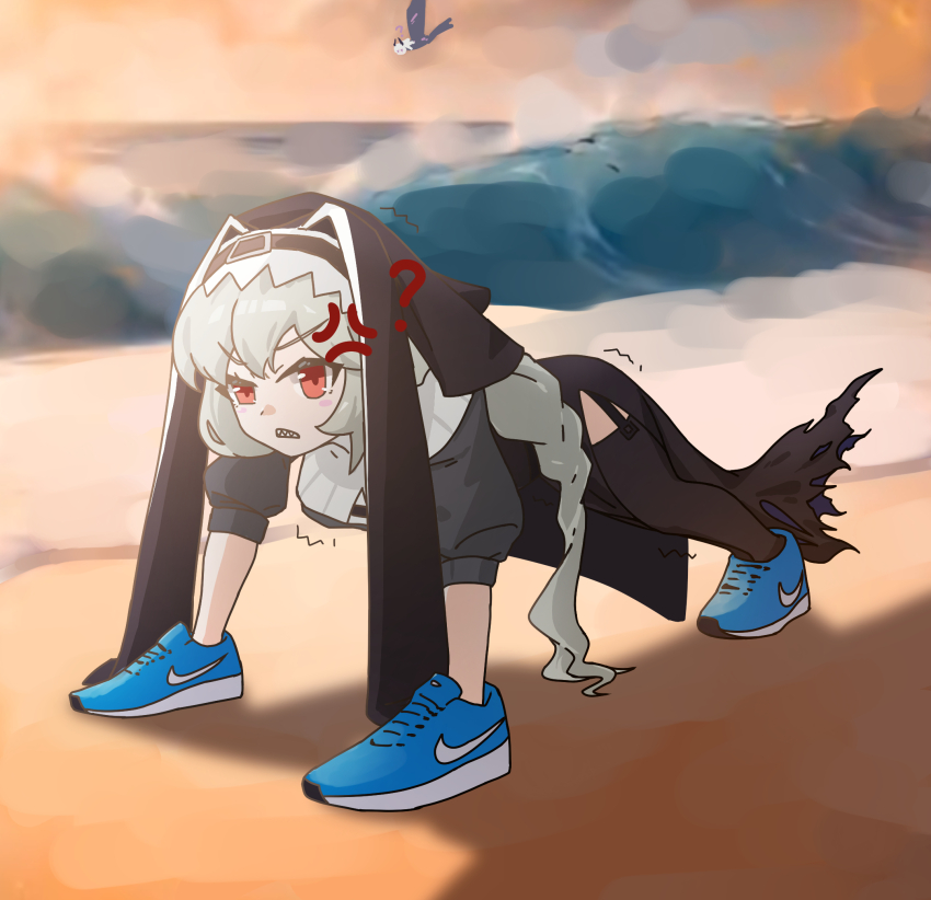 ? ai-generated_art_(topic) all_fours anger_vein arknights ascot beach belt belt_buckle black_belt black_dress black_hat blue_shoes buckle capelet clothing_cutout coif dress full_body garter_straps grey_ascot grey_capelet grey_hair hands_in_shoes hat highres irene_(arknights) italian_brainrot_ai_animals_(meme) kushaaaa4 long_hair looking_at_viewer meme nike_(company) nun pointy_hat red_eyes sharp_teeth shoes sneakers specter_(arknights) sunlight teeth thigh_cutout tralalero_tralala two-sided_fabric two-sided_headwear very_long_hair waves