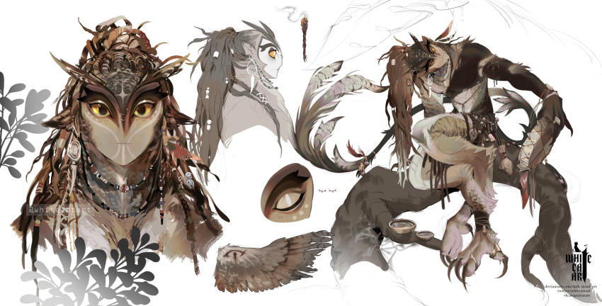 1boy animal_feet armlet artist_logo artist_name bird_boy bird_legs black_eyes bowl bracelet branch brown_feathers brown_hair reference_sheet closed_mouth colored_sclera commentary_request deviantart_username dreadlocks earrings feather_hair feathers full_body fur-tipped_tail hair_ornament head_tilt head_wings highres holding jewelry logo long_hair long_tail looking_at_viewer looking_to_the_side looking_up male_focus monster_boy multiple_views necklace original owl_boy ponytail ring russian_commentary sitting tail talons twitter_username very_long_hair vkontakte_username white_background whitecatart wings yellow_sclera