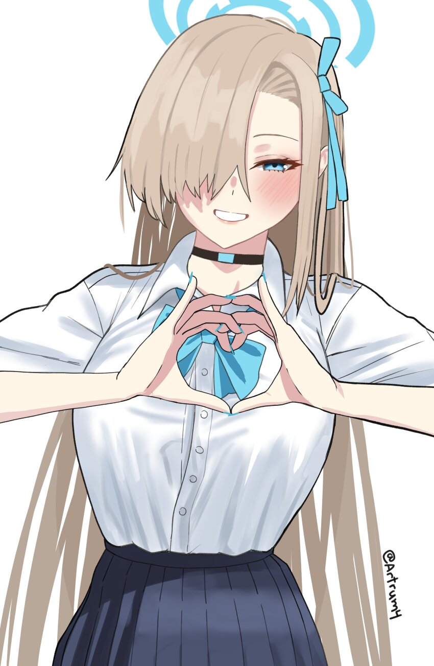 1girl absurdres artrum4 asuna_(blue_archive) asuna_(school_uniform)_(blue_archive) black_choker black_skirt blue_archive blue_bow blue_bowtie blue_eyes blue_halo blue_ribbon bow bowtie breasts brown_hair choker collared_shirt grin hair_over_one_eye hair_ribbon halo hands_up heart heart_hands highres large_breasts long_hair looking_at_viewer pleated_skirt ribbon school_uniform shirt simple_background skirt smile solo twitter_username upper_body white_background white_shirt