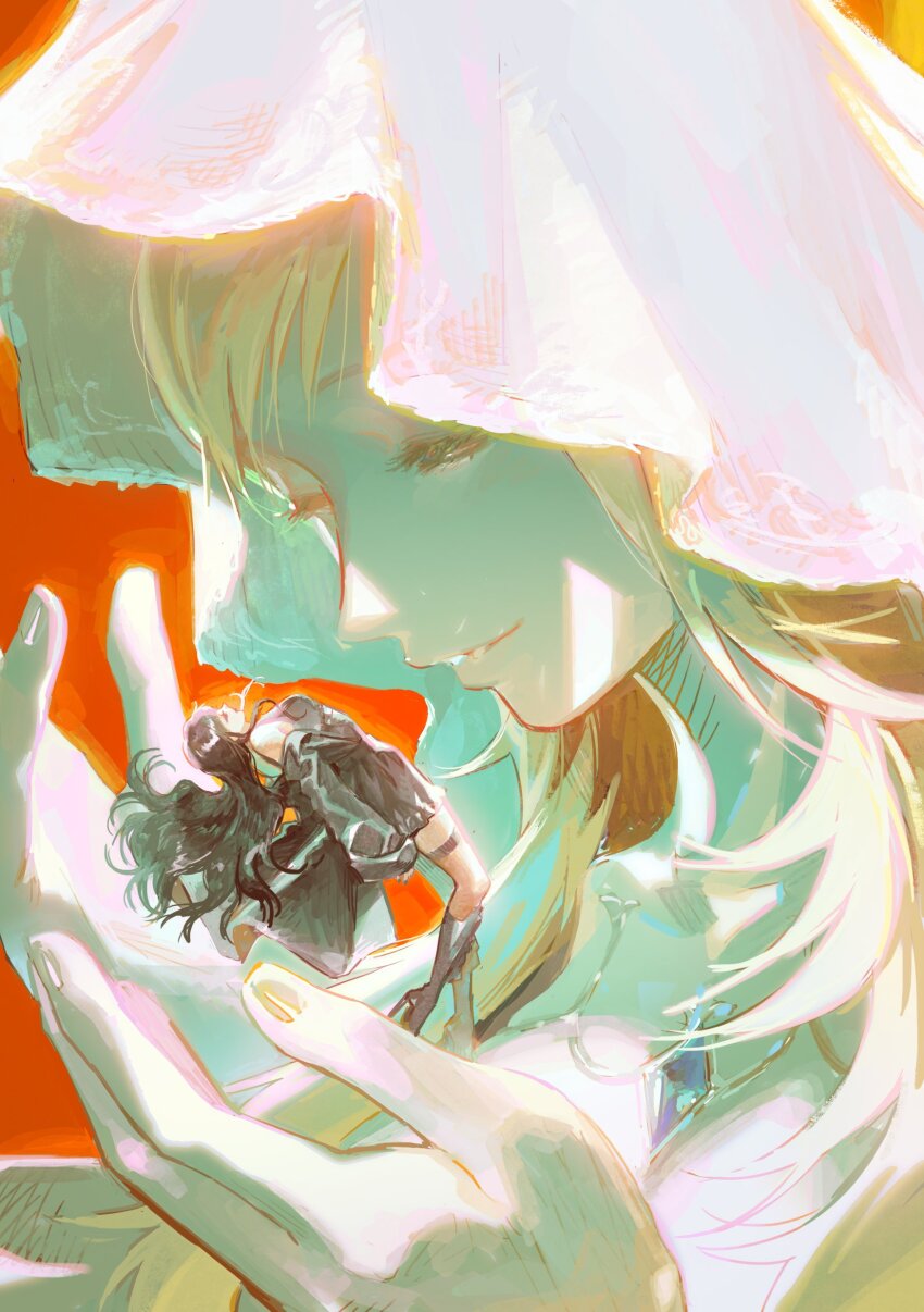 2girls absurdres bare_shoulders black_boots black_coat black_hair blonde_hair boots chest_jewel closed_eyes coat commentary_request final_fantasy final_fantasy_xiv floating floating_hair gaia_(ff14) high_heel_boots high_heels highres korean_commentary long_hair multiple_girls off_shoulder possessed possession red_background ryne_waters shiva_(final_fantasy) smile thigh_strap x2ppvcofqobllqw