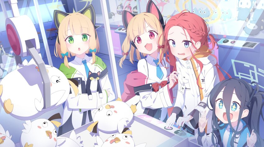 4girls :d :o ahegao ahoge animal_ears arcade arcade_stick aris_(blue_archive) black_hair blonde_hair blue_archive blue_eyes blunt_bangs bow braid coat controller crane_game dot_nose ears fake_animal_ears game_controller green_eyes hair_between_eyes halo hands_against_glass headphones highres indoors joystick midori_(blue_archive) momoi_(blue_archive) multiple_girls necktie open_mouth ponytail quarterlift red_eyes red_hair smile star-shaped_pupils star_(symbol) stool stuffed_animal stuffed_toy symbol-shaped_pupils tag tagme teddy_bear yuzu_(blue_archive)