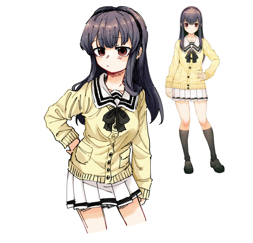 1girl absurdres black_bow black_bowtie black_hair black_hairband black_shoes black_socks black_thighhighs bow bowtie breasts brown_eyes buttons cardigan closed_mouth cowboy_shot full_body hair_between_eyes hair_over_shoulder hairband hand_on_own_hip highres kimi_to_kanojo_to_kanojo_no_koi. leaning_forward loafers long_hair long_sleeves medium_breasts nitroplus pleated_skirt pocket reference_inset sailor_collar school_uniform serafuku shoes simple_background skirt socks sone_miyuki thighhighs ting_mong white_background white_sailor_collar white_serafuku white_skirt yellow_cardigan