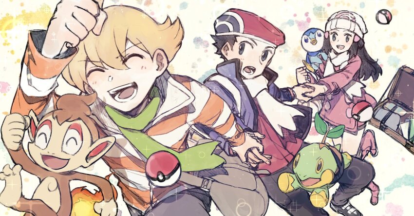 1girl 2boys :d barry_(pokemon) beanie black_hair black_pants blonde_hair blue_eyes blue_jacket boots brown_bag chikiso chimchar closed_eyes coat colored_sclera creatures_(company) dawn_(pokemon) game_freak gen_4_pokemon green_scarf grey_eyes hair_ornament hairclip hat highres holding_hands jacket looking_at_viewer lucas_(pokemon) monkey multiple_boys nintendo open_mouth orange_fur orange_shirt pants pink_coat pink_shoes piplup poke_ball pokemon pokemon_dppt pokemon_platinum red_hat red_shirt scarf shirt shoes simple_background smile standing starter_pokemon_trio striped_clothes striped_shirt turtwig upper_body white_background white_hat white_scarf yellow_fur yellow_sclera