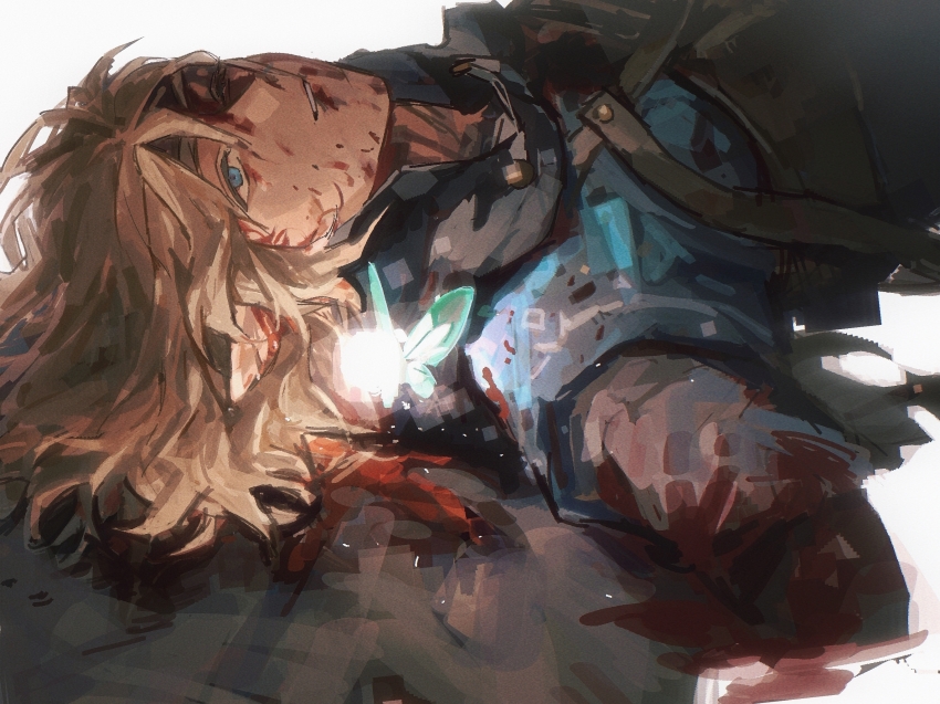 1boy amputee blonde_hair blood blood_in_hair blood_on_clothes blood_on_face blue_eyes blue_shirt chinese_commentary commentary_request film_grain highres iuew link long_hair lying male_focus navi nintendo on_back parted_lips shirt solo the_legend_of_zelda the_legend_of_zelda:_tears_of_the_kingdom