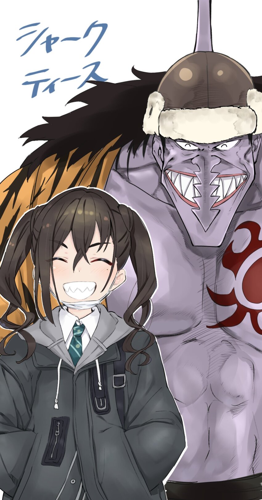 1boy 1girl ^_^ abs arlong black_hair blush chest_tattoo closed_eyes colored_skin crossover fins fish_boy grin hands_in_pockets highres idolmaster idolmaster_cinderella_girls large_pectorals long_nose mask mask_pull mole mole_under_eye mouth_mask one_piece pectorals purple_skin school_uniform simple_background smile sunazuka_akira sutora_binsuke tattoo trapper_hat twintails upper_body white_background white_mask