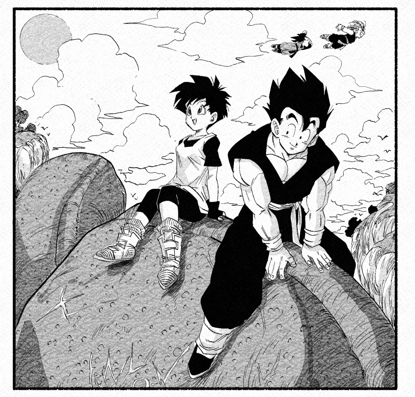 1girl 3boys cloud dinosaur riding_dinosaur dougi dragon_ball dragonball_z fenyon fingerless_gloves flying full_body gloves highres large_pectorals monochrome multiple_boys muscular muscular_male open_mouth pants pectorals riding shirt short_hair short_sleeves smile son_gohan son_goten spiked_hair trunks_(dragon_ball) videl