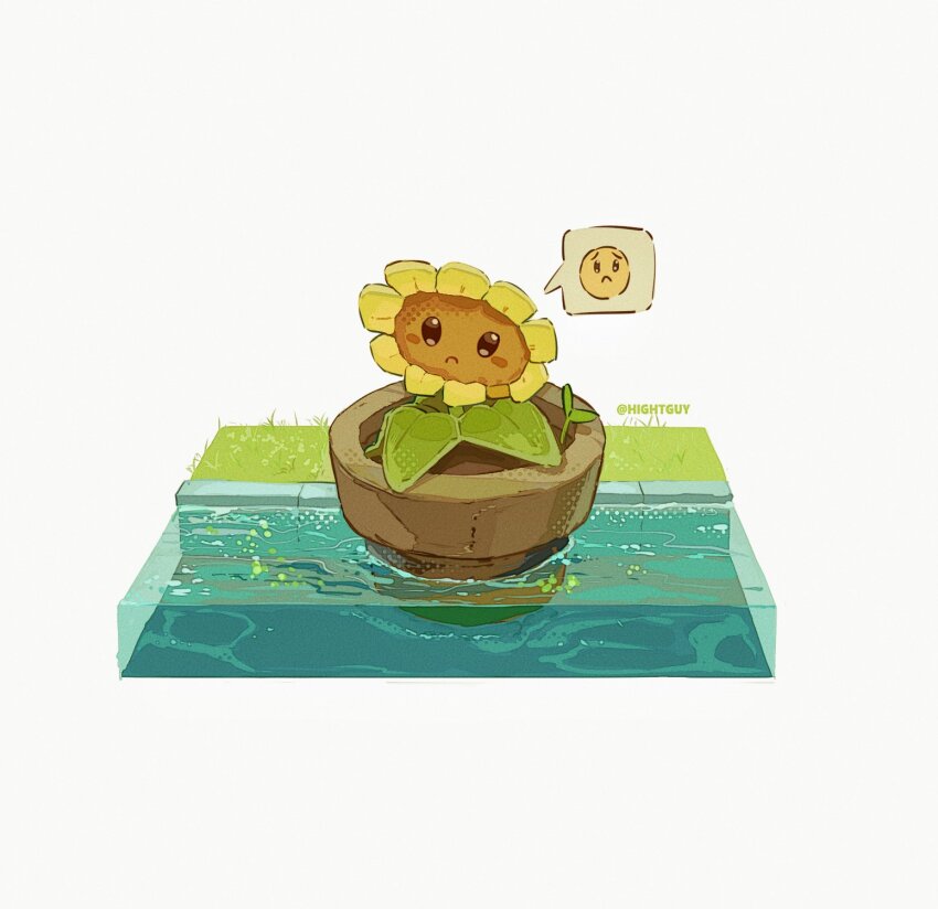 black_eyes closed_mouth commentary diorama emoji flower flower_pot frown grass halftone hashtag-only_commentary highres hightguy leaf looking_down no_humans plant plants_vs_zombies soil solo speech_bubble sunflower sunflower_(plants_vs_zombies) water weeds white_background