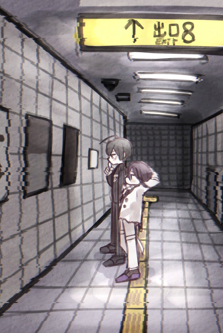 2boys ahoge arms_behind_head arrow_(symbol) black_hair ceiling_light commentary danganronpa_(series) danganronpa_v3:_killing_harmony flipped_hair from_side full_body glitch highres horror_(theme) kuro_(q6_oxo) long_sleeves male_focus multiple_boys oma_kokichi pants poster_(object) profile purple_hair saihara_shuichi short_hair sign standing the_exit_8 thigh_strap thinking