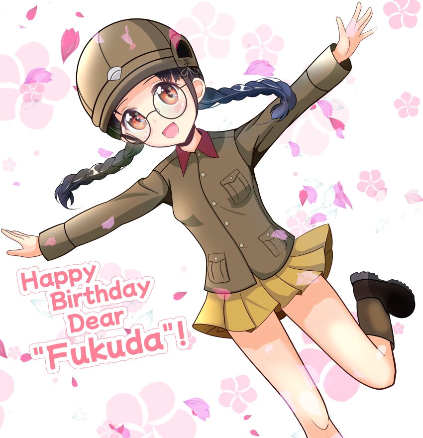 1girl absurdres black_hair blush blush_stickers braid breasts brown_eyes character_name chi-hatan_military_uniform fukuda_haru girls_und_panzer glasses happy_birthday helmet highres kumaisao looking_at_viewer military_uniform miniskirt open_mouth simple_background skirt small_breasts smile solo twin_braids twintails yellow_skirt