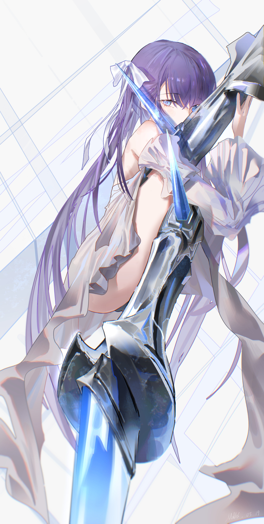 1girl absurdres armor armored_boots blue_eyes boots chinese_commentary coat commentary_request fate/grand_order fate_(series) hair_ribbon highres knee_spikes leg_blade long_hair long_sleeves meltryllis_(fate) meltryllis_(third_ascension)_(fate) milbi navel prosthesis prosthetic_leg purple_hair revealing_clothes ribbon solo spikes white_coat white_ribbon