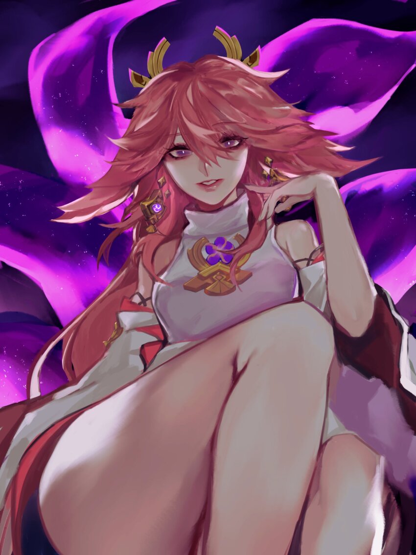 1girl 8h_kt animal_ears bare_shoulders commentary detached_sleeves floppy_ears fox_ears genshin_impact highres long_hair pink_hair purple_eyes solo wide_sleeves yae_miko