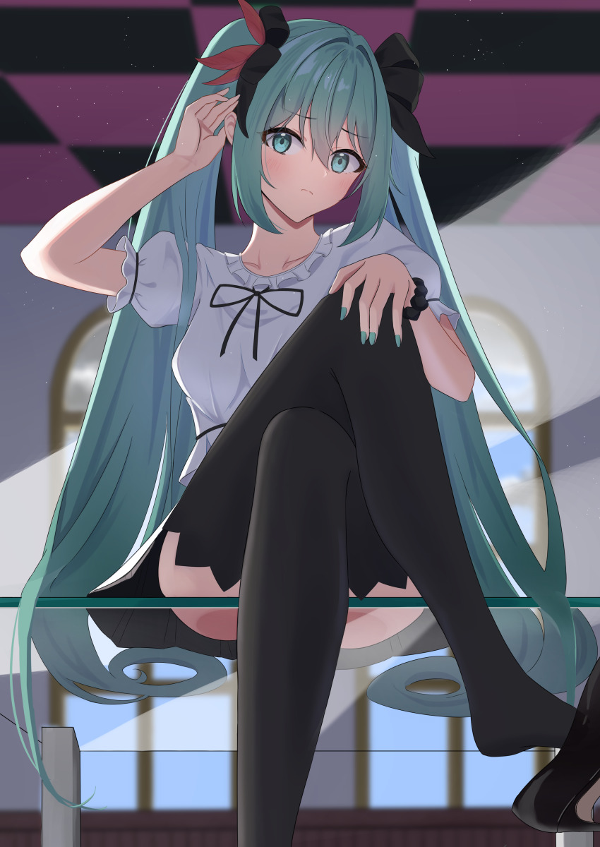 1girl absurdres adjusting_hair aqua_eyes aqua_hair aqua_nails black_skirt black_thighhighs blush commentary crossed_legs eyelashes frown glass_table hair_between_eyes hair_intakes hair_ornament hair_ribbon hand_on_own_knee hatsune_miku hatsune_miku_(supreme) hifumin_o0 high_heels highres light_particles long_hair looking_at_viewer pleated_skirt puffy_short_sleeves puffy_sleeves ribbon shirt short_sleeves sitting skirt solo table thighhighs tsundere twintails very_long_hair vocaloid white_shirt world_is_mine_(vocaloid)