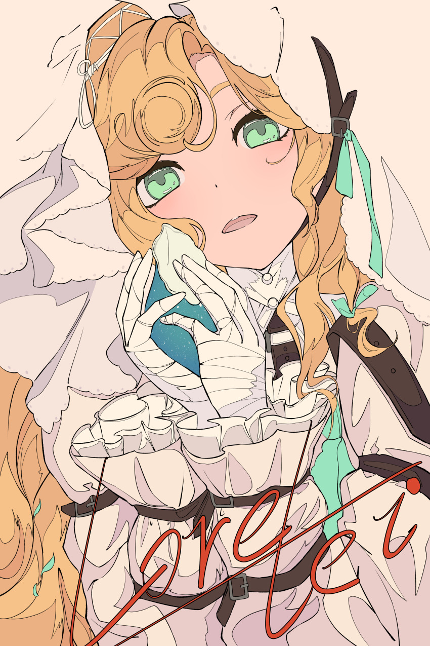 1girl absurdres aqua_eyes arm_belt bandaged_hand bandages blonde_hair character_name conch dress highres holding holding_shell long_hair long_sleeves lorelei_(reverse:1999) parted_lips reverse:1999 shell solo upper_body veil white_dress white_veil xiao_jin_caoooooooi